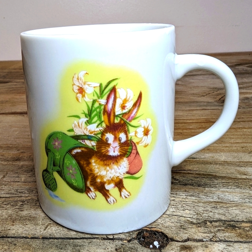 Vintage Bunny Watering can Flowers Laura Secord Mug